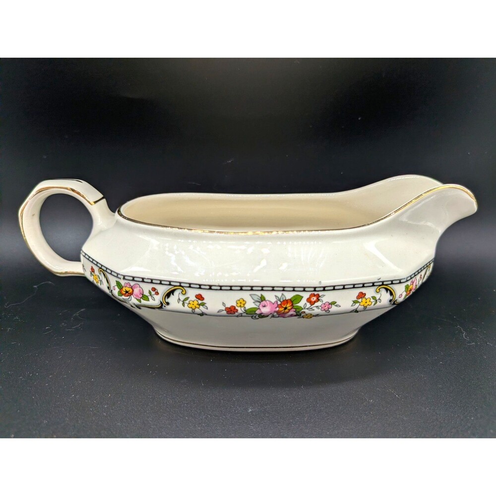 Edwin M. Knowles China Gravy Boat Floral Rim White Glossy MPN 30-2-6